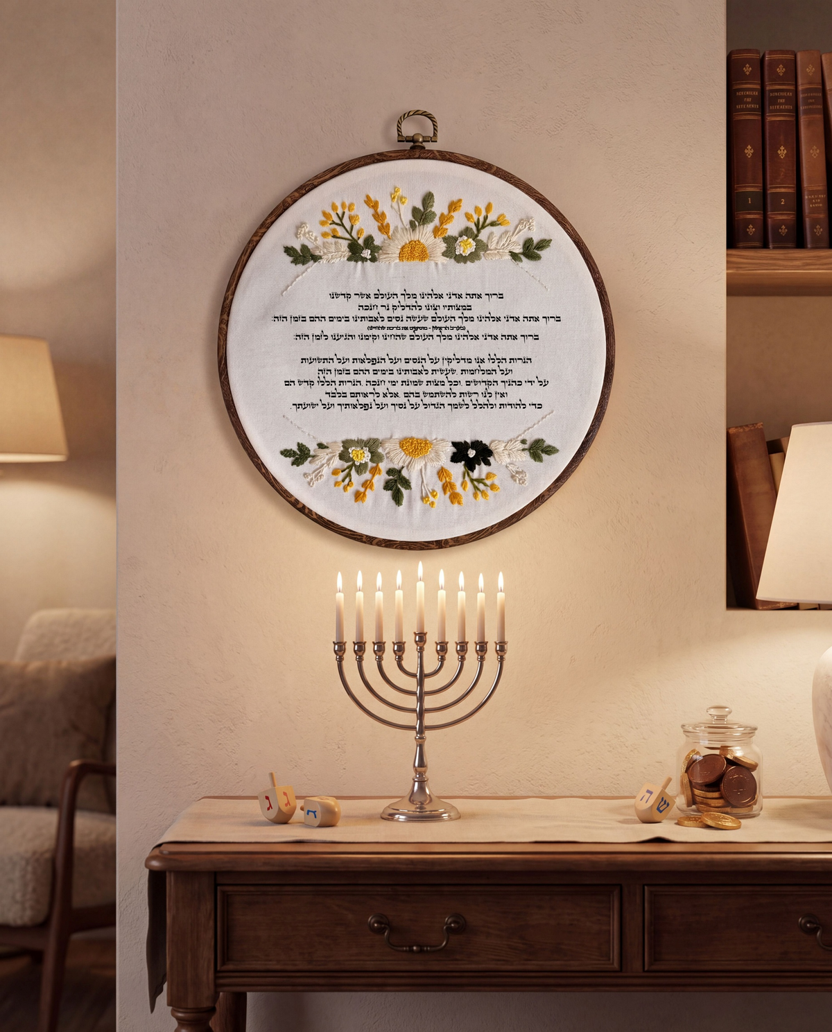 סדר הדלקת נרות חנוכה - רקמה בעבודת יד | דגם דנה
